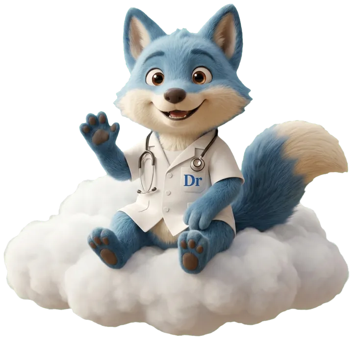 Gusty, la mascotte médecin de SuperDr, assis sur un nuage et saluant de la patte