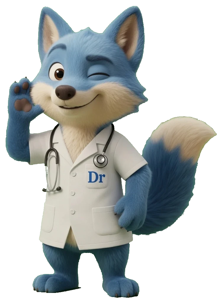 Gusty, le renard mascotte de SuperDr, à l'écoute, un clin d'œil